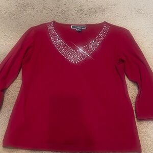Kasper Red Long Sleeve Top with Sparkling V-Neck